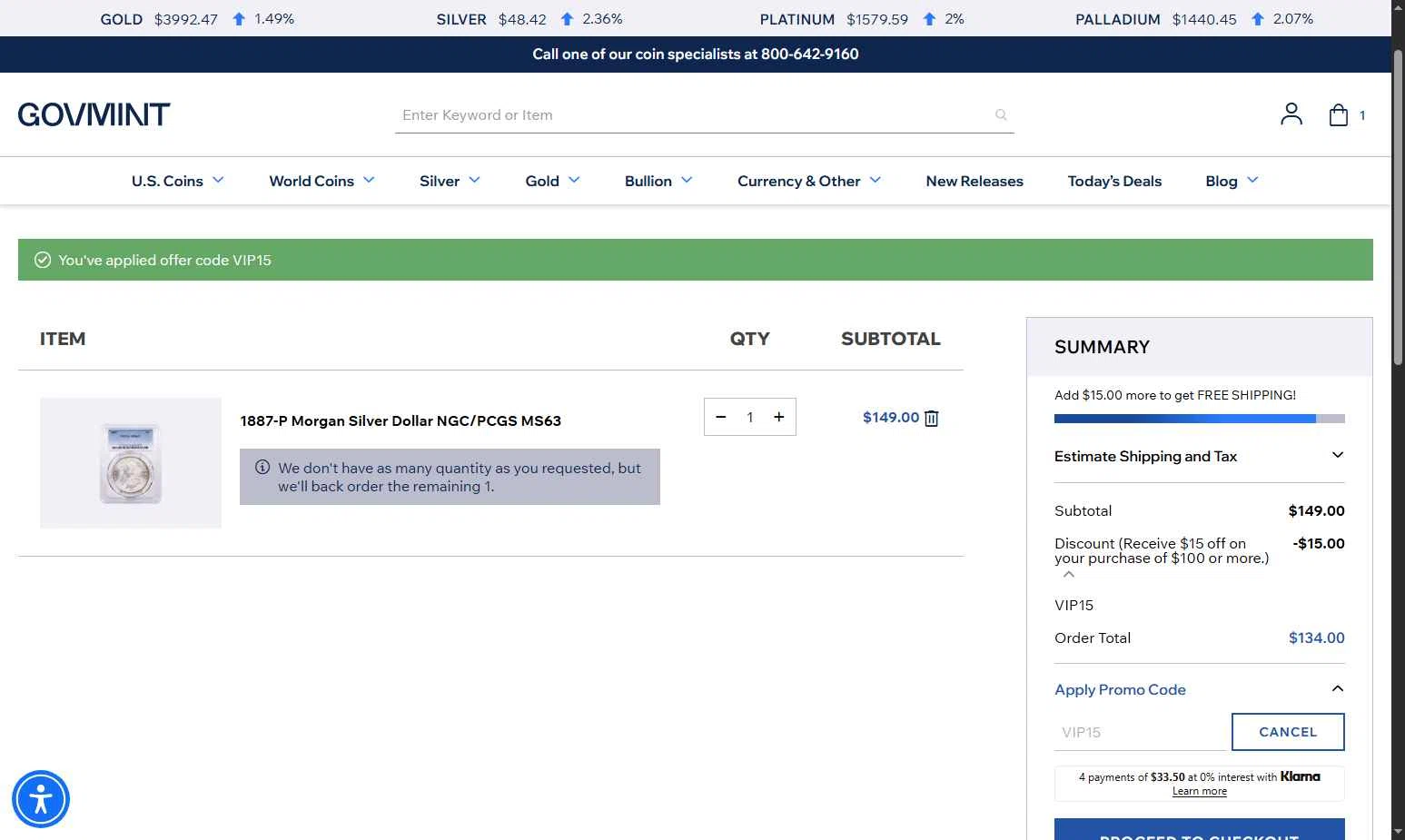 GovMint checkout page showing GovMint discount code box | Screenshot taken by SimplyCodes community member on Nov 5, 2025