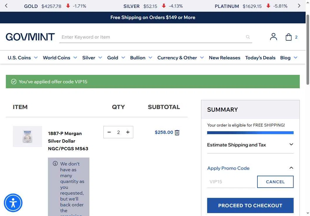 GovMint checkout page showing GovMint discount code box | Screenshot taken by SimplyCodes community member on Oct 18, 2025