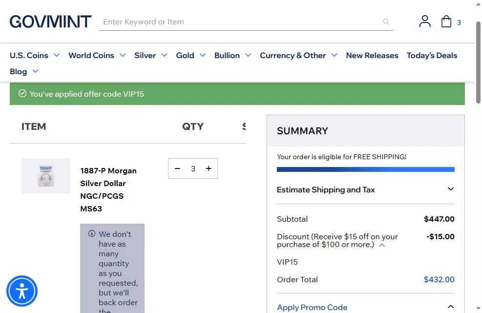 GovMint checkout page showing GovMint discount code box | Screenshot taken by SimplyCodes community member on Nov 5, 2025