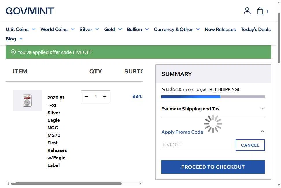 GovMint checkout page showing GovMint discount code box | Screenshot taken by SimplyCodes community member on Nov 21, 2025