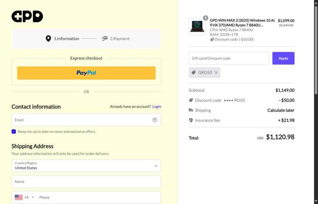 GPD-MiniPC checkout page showing GPD-MiniPC promo code box | Screenshot taken by SimplyCodes community member on Aug 18, 2025