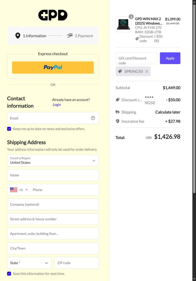 GPD-MiniPC checkout page showing GPD-MiniPC promo code box | Screenshot taken by SimplyCodes community member on Sep 19, 2025