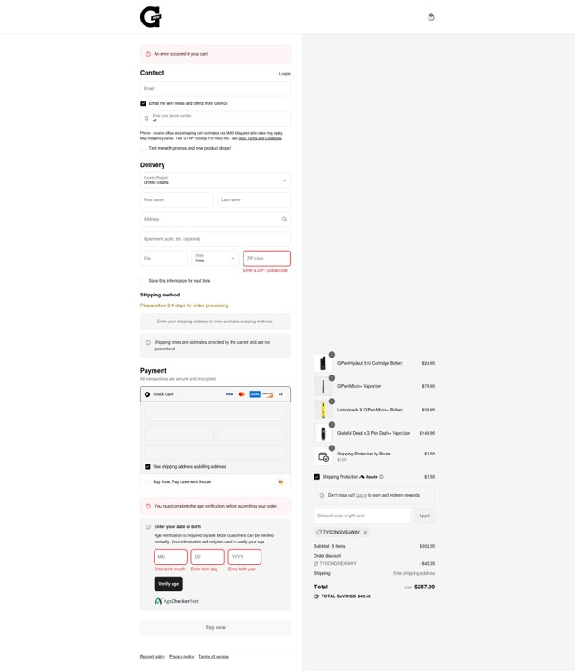 G Pen checkout page showing G Pen discount code box | Screenshot taken by SimplyCodes community member on Sep 4, 2025