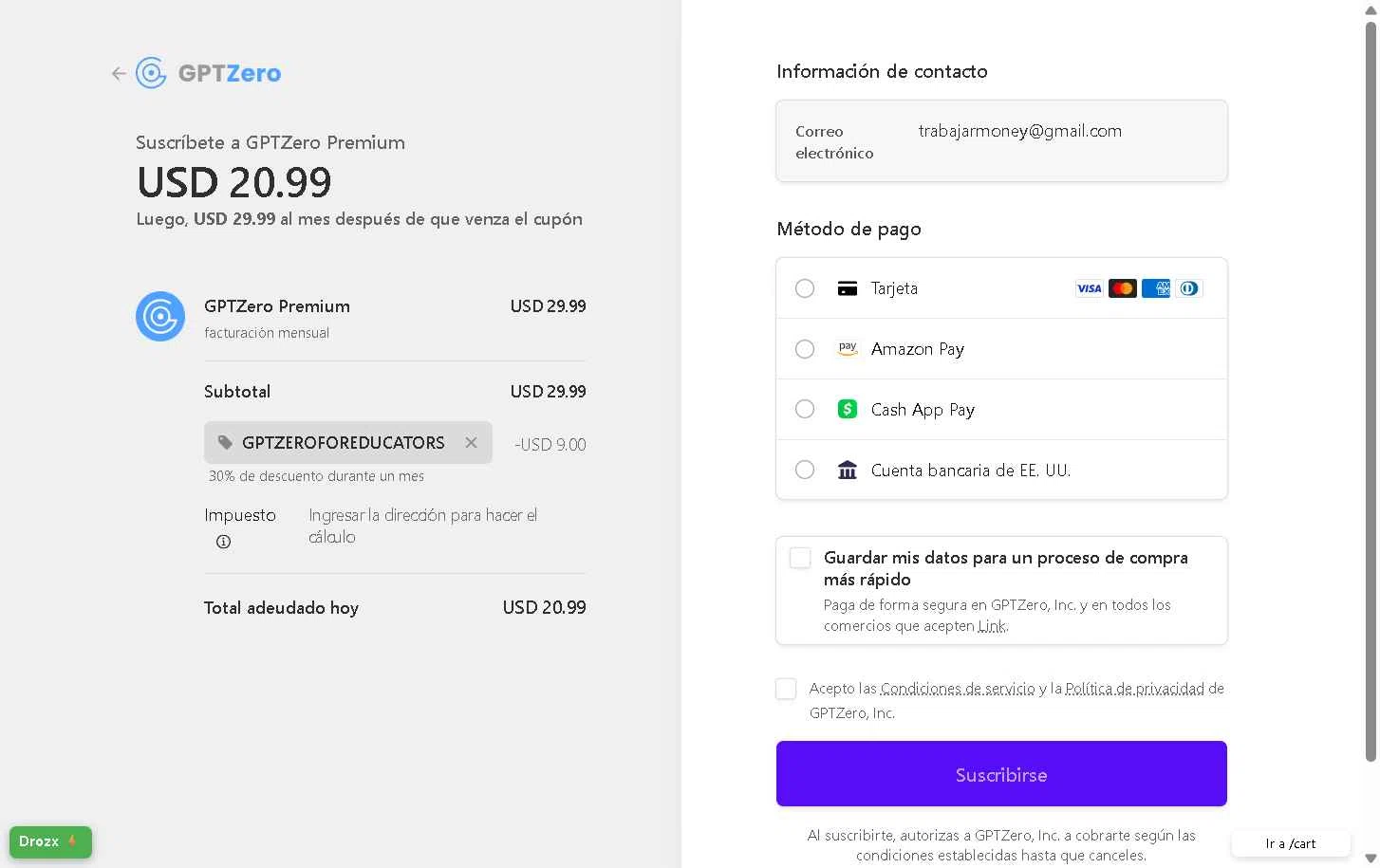 GPTZero checkout page showing GPTZero promo code box | Screenshot taken by SimplyCodes community member on Dec 12, 2025