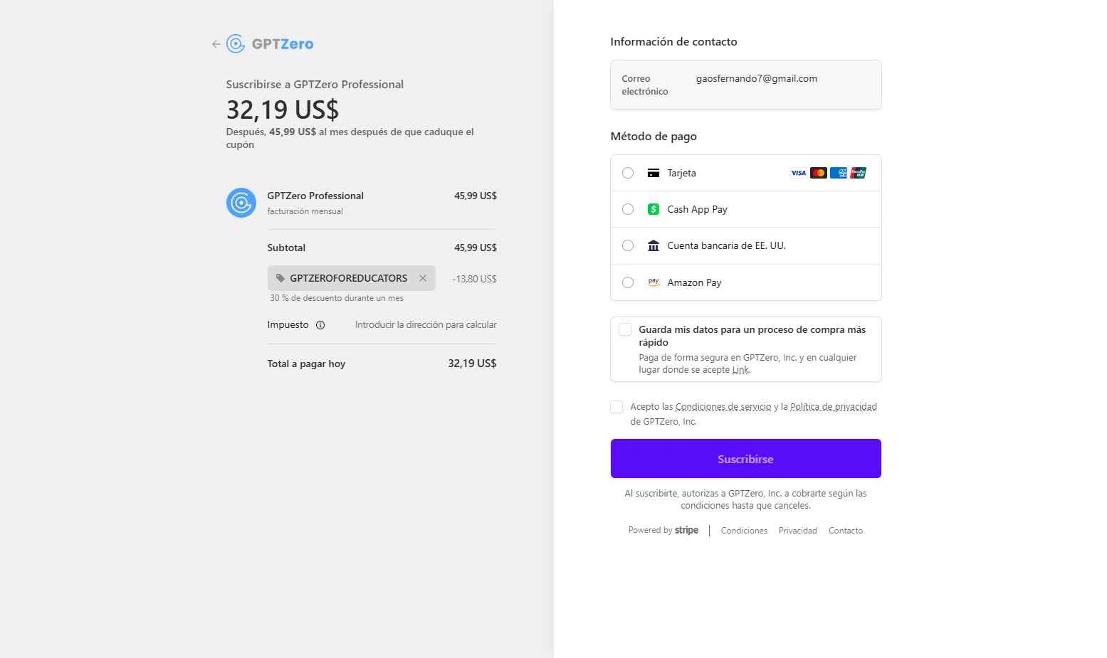 GPTZero checkout page showing GPTZero promo code box | Screenshot taken by SimplyCodes community member on Feb 2, 2026