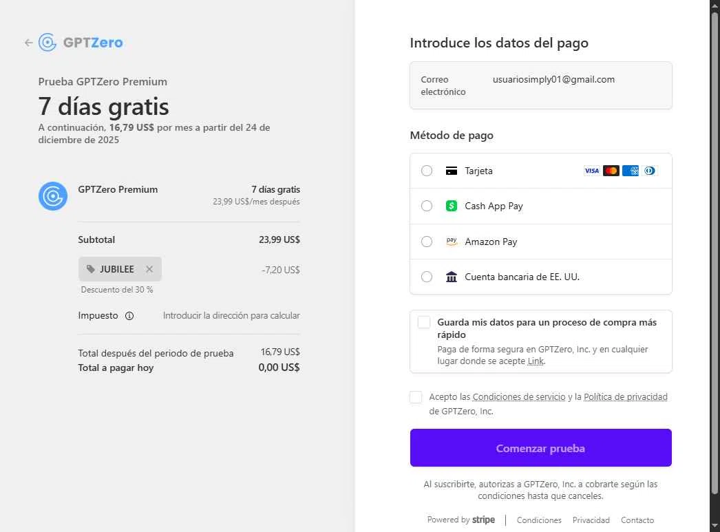 GPTZero checkout page showing GPTZero promo code box | Screenshot taken by SimplyCodes community member on Dec 18, 2025