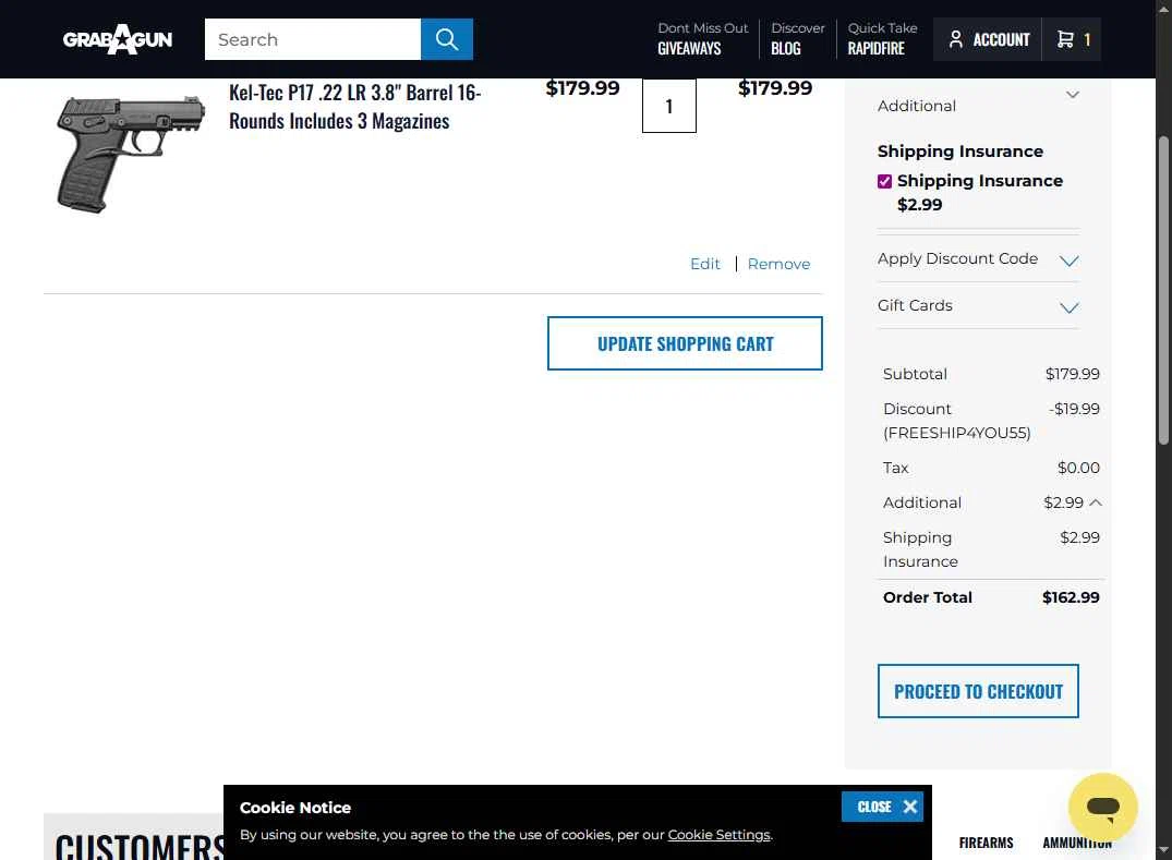 Grab A Gun checkout page showing Grab A Gun discount code box | Screenshot taken by SimplyCodes community member on Nov 22, 2025