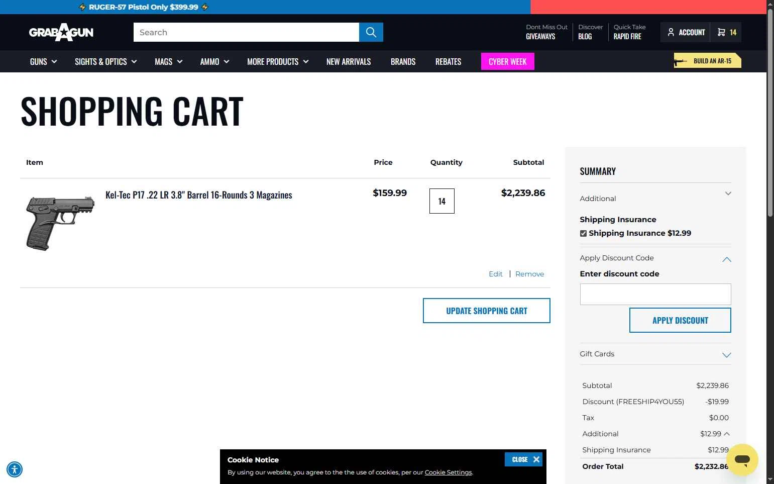 Grab A Gun checkout page showing Grab A Gun discount code box | Screenshot taken by SimplyCodes community member on Dec 5, 2025