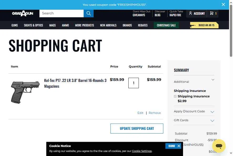 Grab A Gun checkout page showing Grab A Gun discount code box | Screenshot taken by SimplyCodes community member on Dec 18, 2025