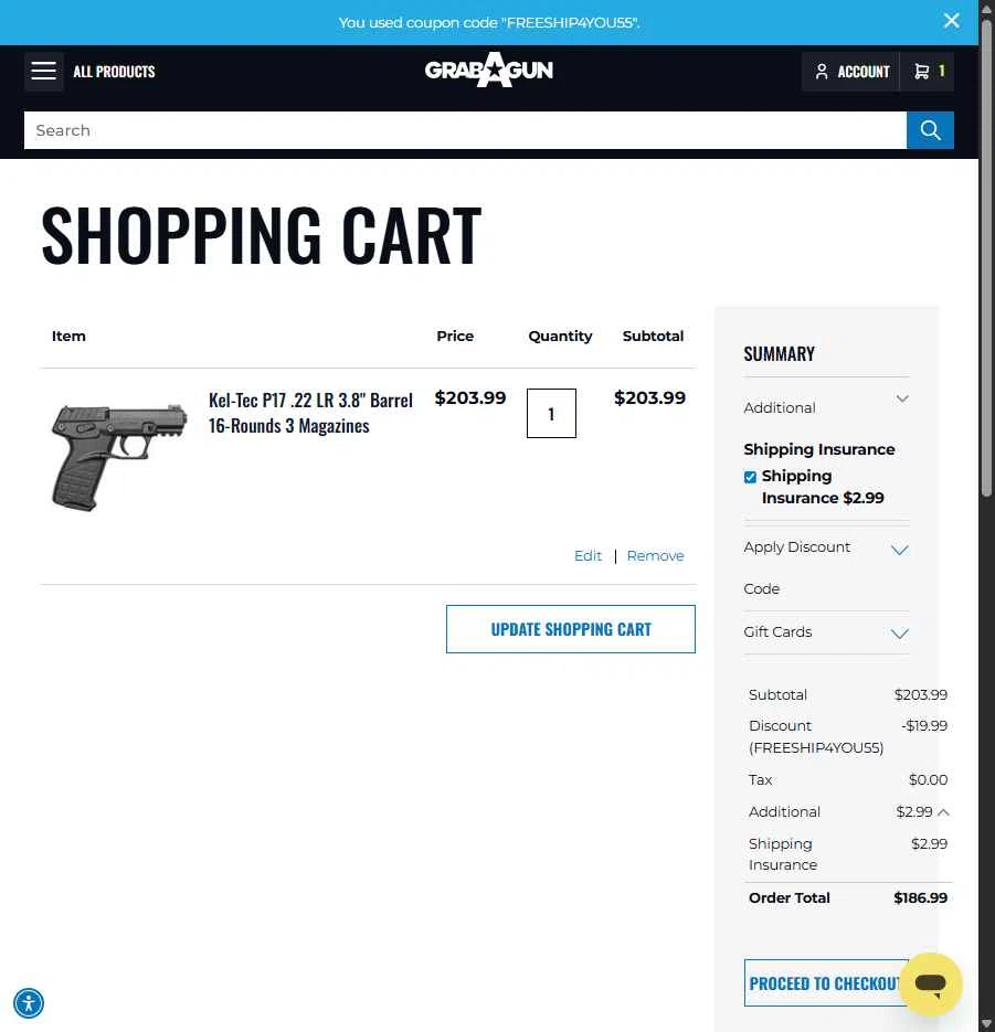 Grab A Gun checkout page showing Grab A Gun discount code box | Screenshot taken by SimplyCodes community member on Jan 4, 2026