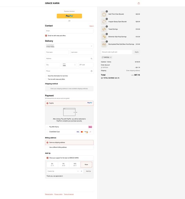 Grace Karin checkout page showing Grace Karin discount code box | Screenshot taken by SimplyCodes community member on Sep 15, 2025