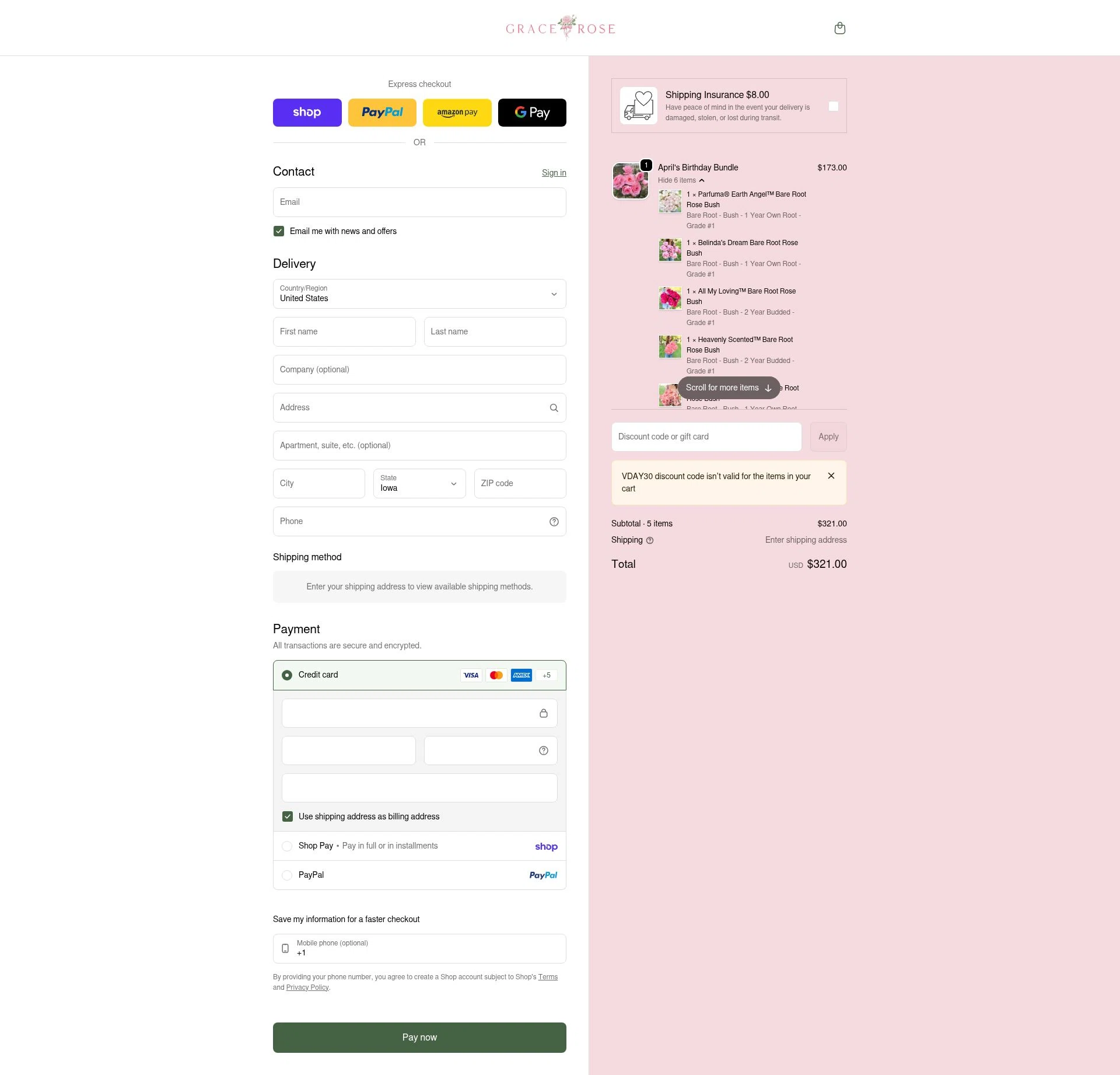 Grace Rose Farm checkout page showing Grace Rose Farm discount code box | Screenshot taken by SimplyCodes community member on Feb 18, 2026