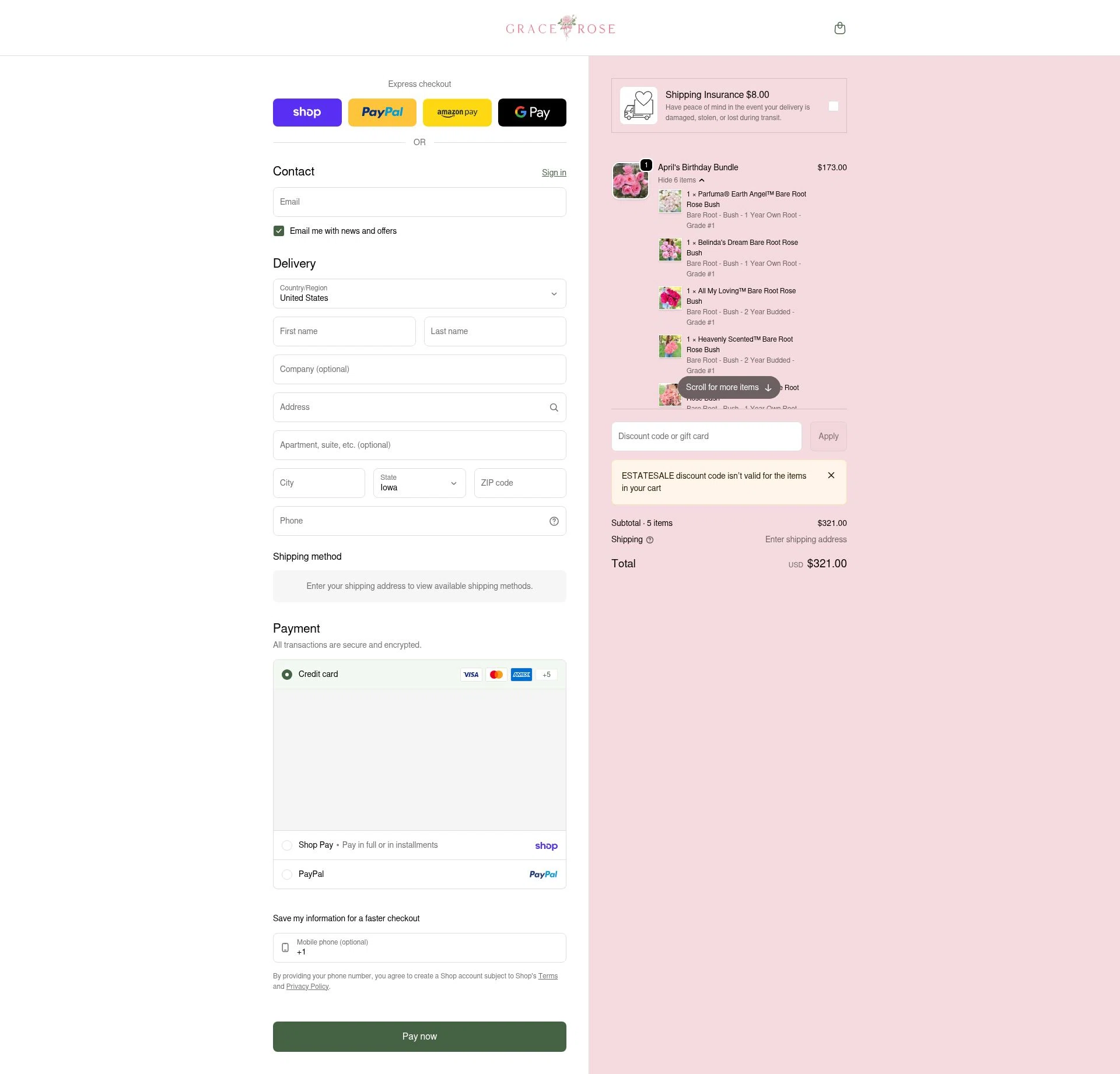 Grace Rose Farm checkout page showing Grace Rose Farm discount code box | Screenshot taken by SimplyCodes community member on Feb 18, 2026