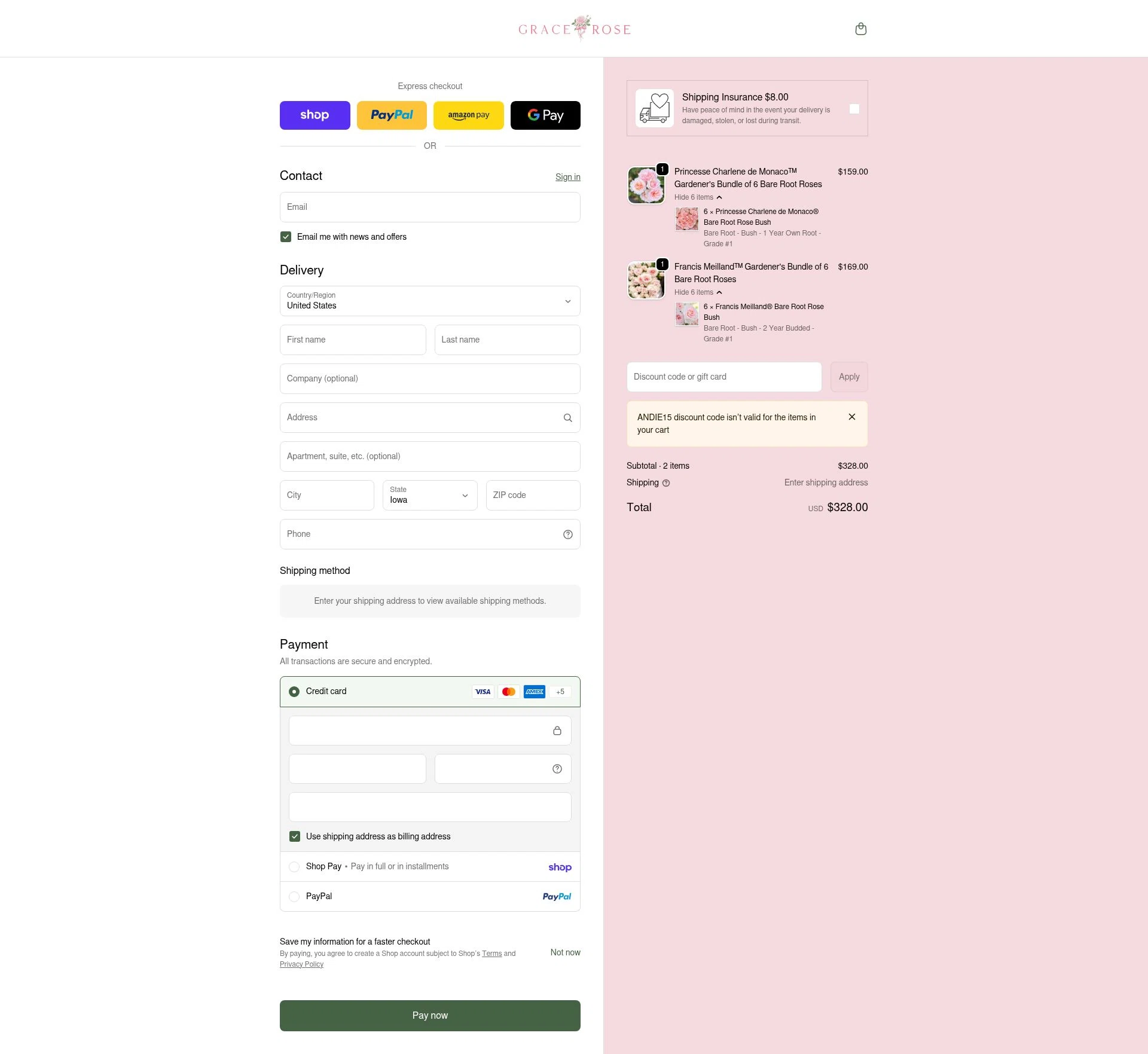 Grace Rose Farm checkout page showing Grace Rose Farm discount code box | Screenshot taken by SimplyCodes community member on Feb 13, 2026