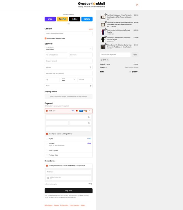 Graduation Mall checkout page showing Graduation Mall coupon code box | Screenshot taken by SimplyCodes community member on Sep 6, 2025