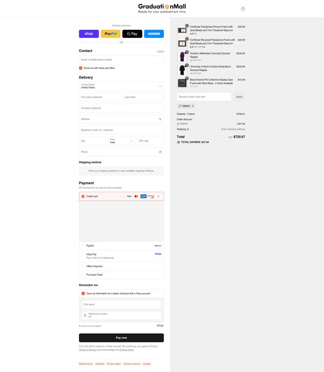 Graduation Mall checkout page showing Graduation Mall coupon code box | Screenshot taken by SimplyCodes community member on Sep 2, 2025