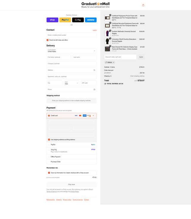 Graduation Mall checkout page showing Graduation Mall coupon code box | Screenshot taken by SimplyCodes community member on Sep 6, 2025