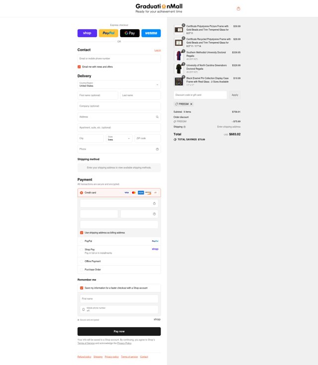 Graduation Mall checkout page showing Graduation Mall coupon code box | Screenshot taken by SimplyCodes community member on Sep 6, 2025