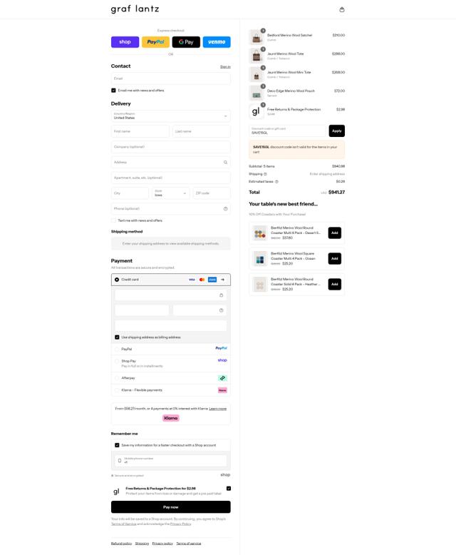 Graf Lantz checkout page showing Graf Lantz promo code box | Screenshot taken by SimplyCodes community member on Sep 12, 2025