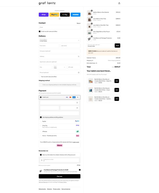 Graf Lantz checkout page showing Graf Lantz promo code box | Screenshot taken by SimplyCodes community member on Sep 12, 2025