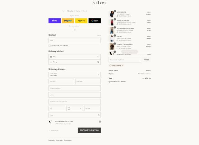 Velvet by Graham & Spencer checkout page showing Velvet by Graham & Spencer promo code box | Screenshot taken by SimplyCodes community member on Sep 12, 2025