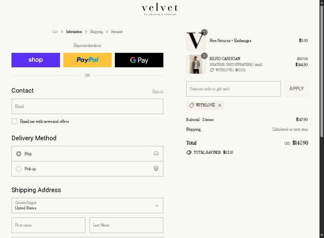 Velvet by Graham & Spencer checkout page showing Velvet by Graham & Spencer promo code box | Screenshot taken by SimplyCodes community member on Sep 14, 2025