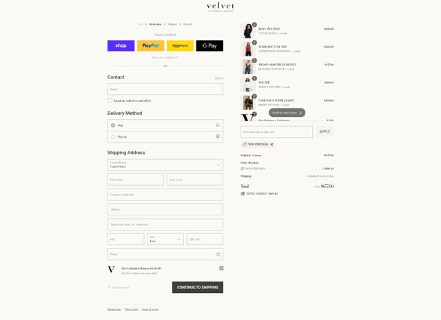 Velvet by Graham & Spencer checkout page showing Velvet by Graham & Spencer promo code box | Screenshot taken by SimplyCodes community member on Sep 12, 2025