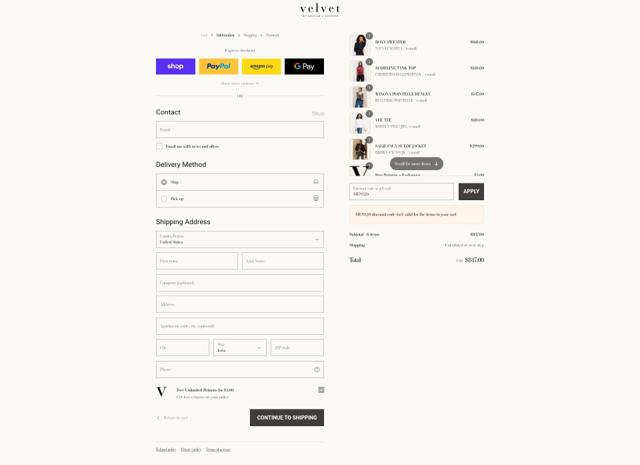 Velvet by Graham & Spencer checkout page showing Velvet by Graham & Spencer promo code box | Screenshot taken by SimplyCodes community member on Sep 12, 2025