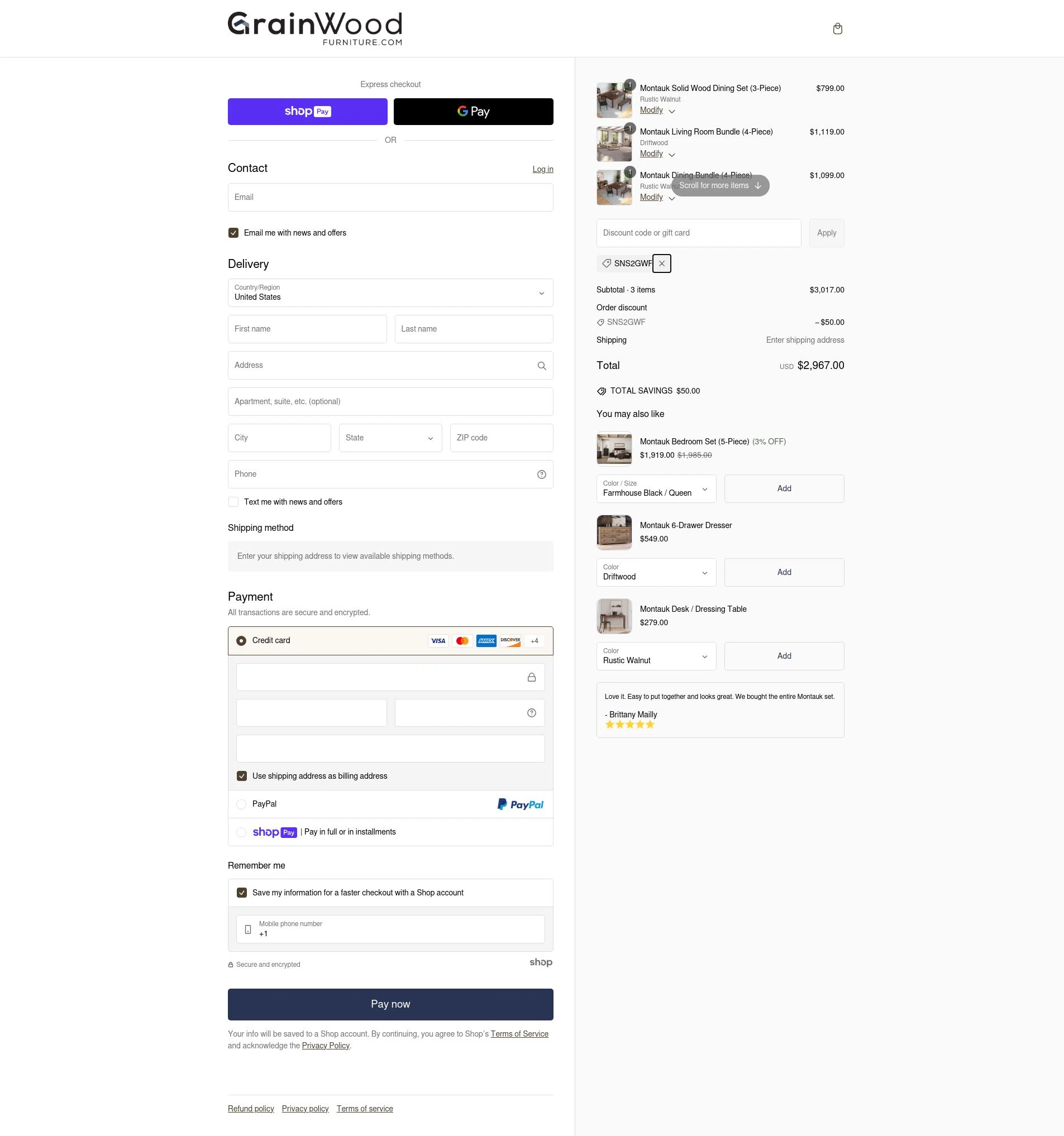 Grain Wood Furniture checkout page showing Grain Wood Furniture discount code box | Screenshot taken by SimplyCodes community member on Feb 6, 2025