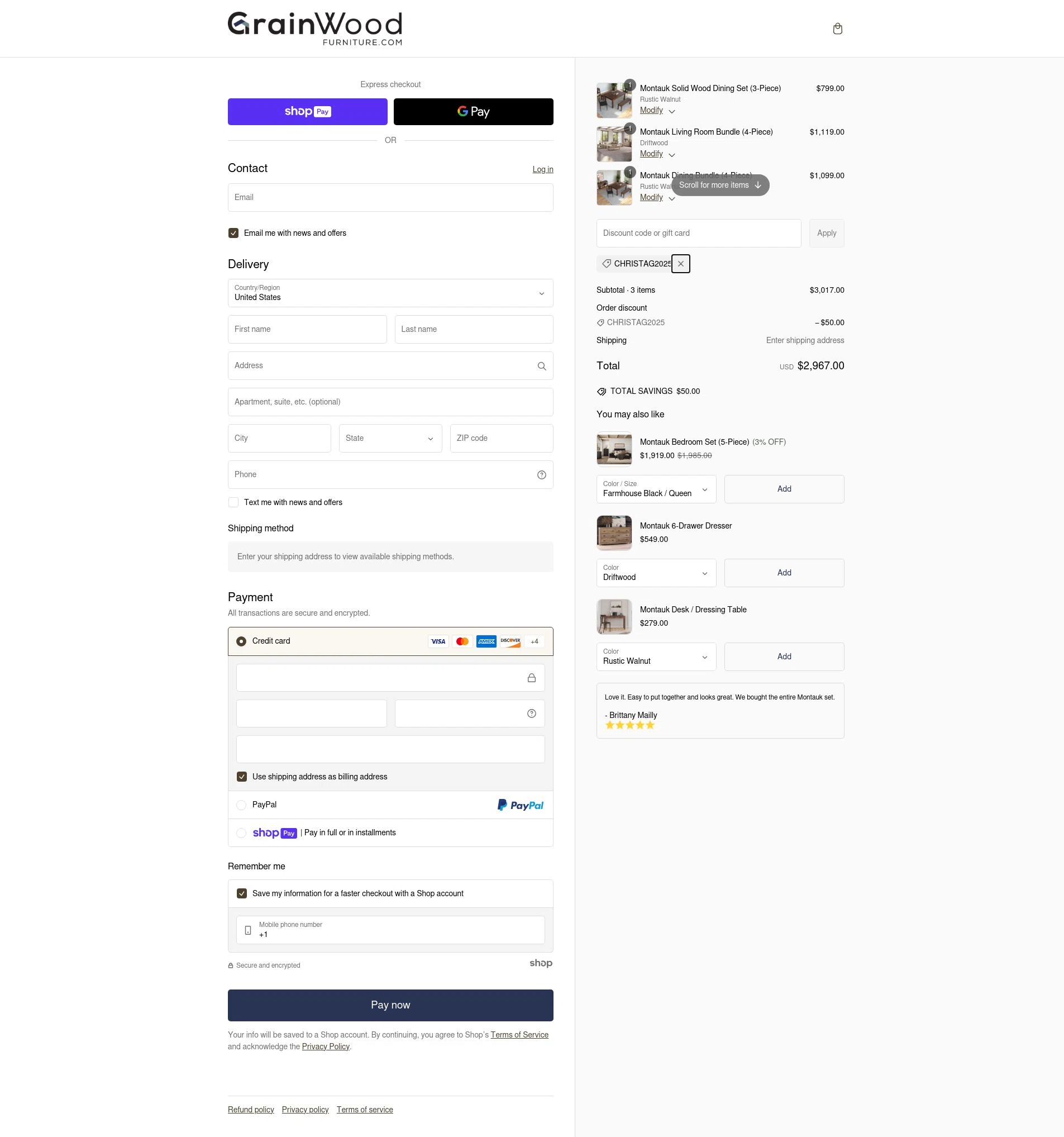 Grain Wood Furniture checkout page showing Grain Wood Furniture discount code box | Screenshot taken by SimplyCodes community member on Feb 6, 2025