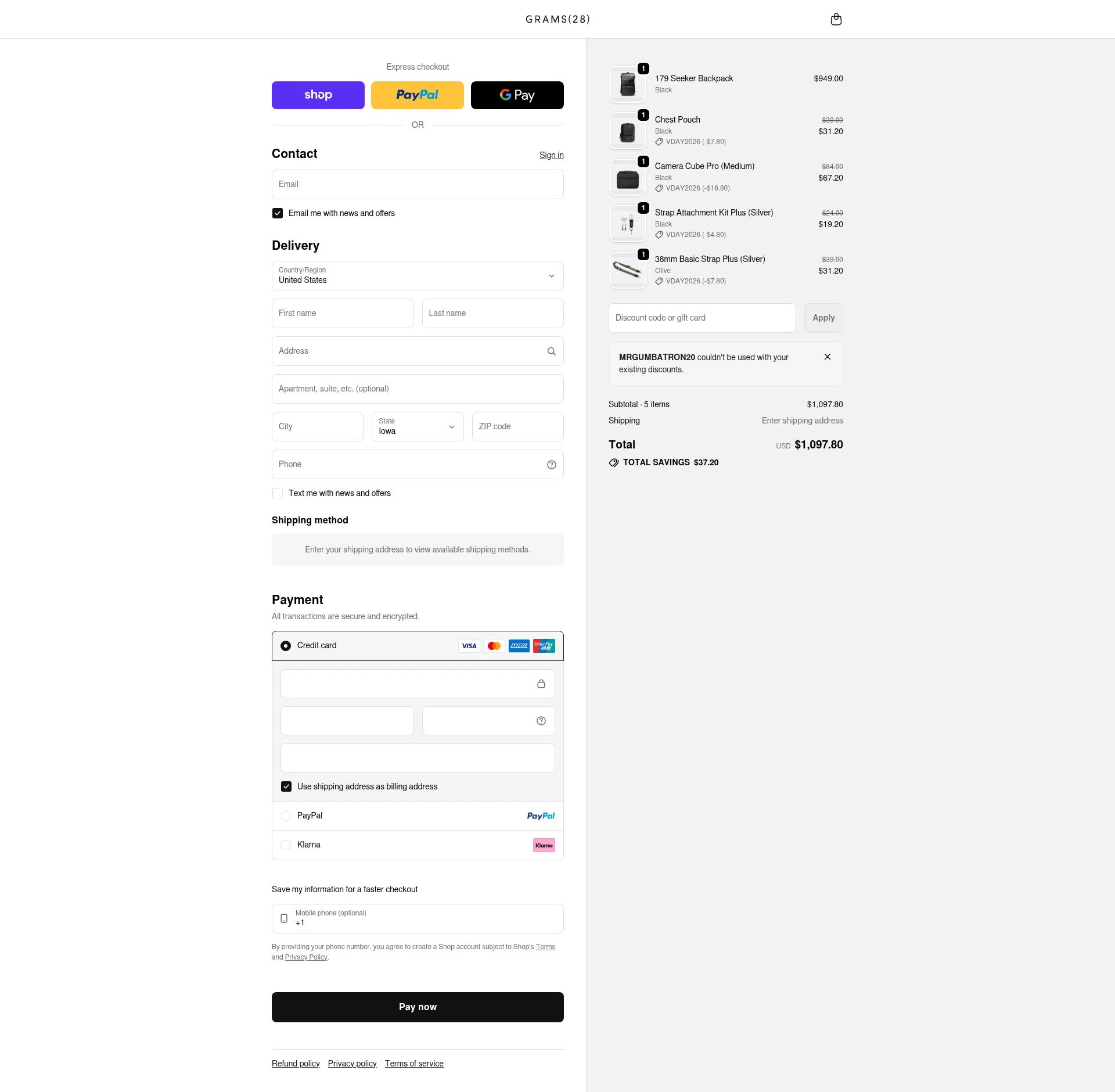 GRAMS28 checkout page showing GRAMS28 discount code box | Screenshot taken by SimplyCodes community member on Feb 11, 2026
