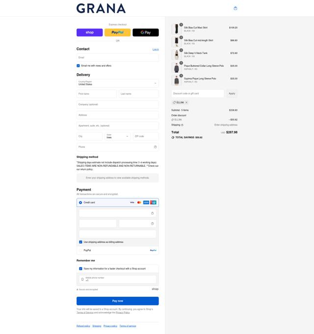 Grana checkout page showing Grana promo code box | Screenshot taken by SimplyCodes community member on Sep 8, 2025