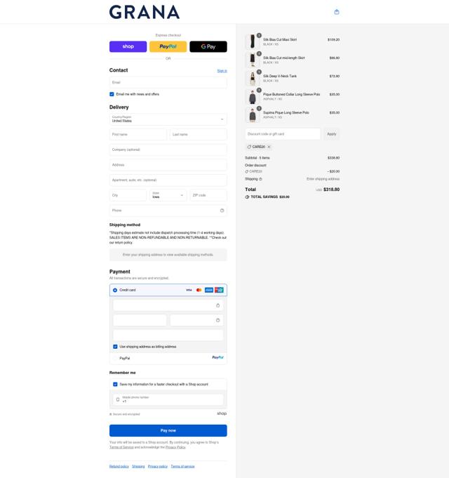 Grana checkout page showing Grana promo code box | Screenshot taken by SimplyCodes community member on Sep 12, 2025
