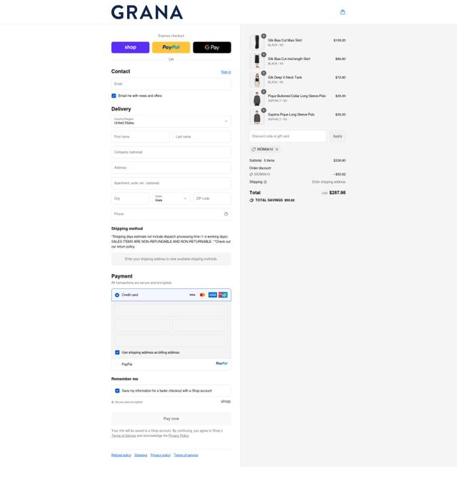 Grana checkout page showing Grana promo code box | Screenshot taken by SimplyCodes community member on Sep 12, 2025