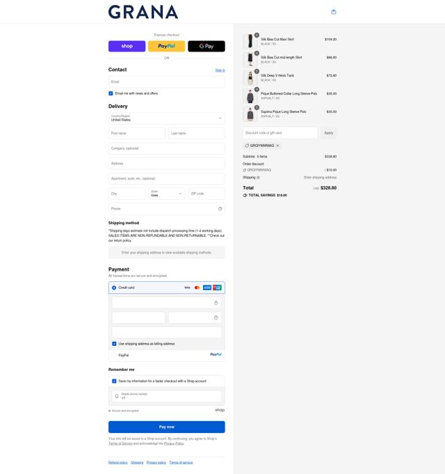 Grana checkout page showing Grana promo code box | Screenshot taken by SimplyCodes community member on Sep 12, 2025