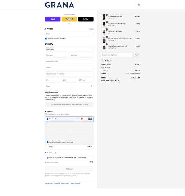 Grana checkout page showing Grana promo code box | Screenshot taken by SimplyCodes community member on Sep 12, 2025