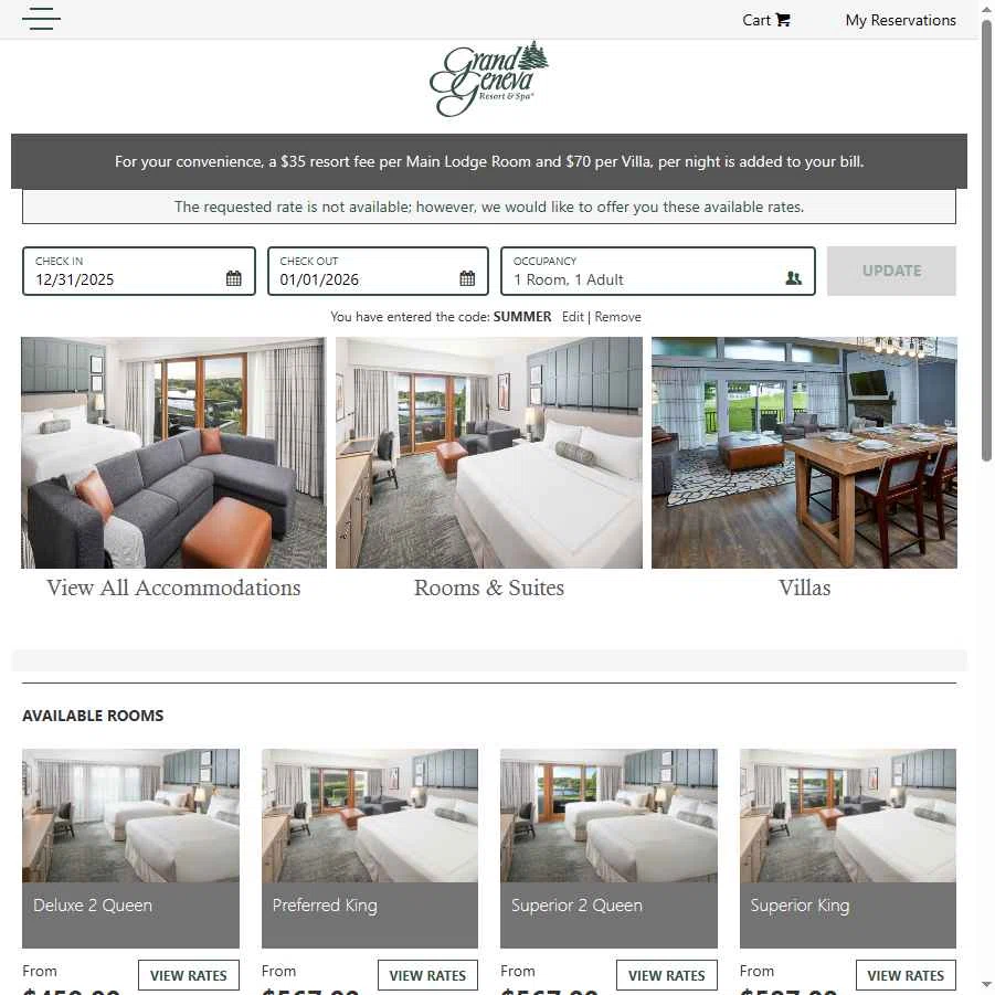 Grand Geneva Resort & Spa checkout page showing Grand Geneva Resort & Spa promo code box | Screenshot taken by SimplyCodes community member on Dec 31, 2025