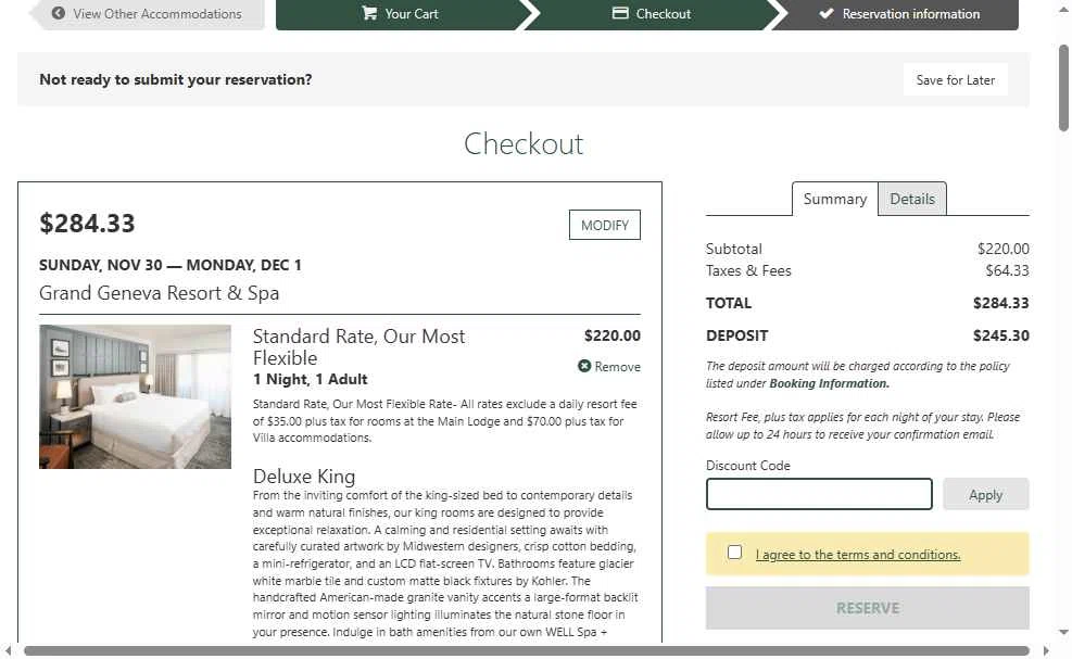 Grand Geneva Resort & Spa checkout page showing Grand Geneva Resort & Spa promo code box | Screenshot taken by SimplyCodes community member on Nov 30, 2025