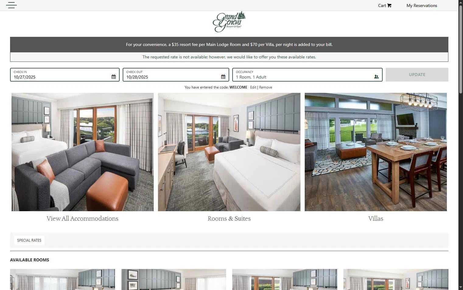 Grand Geneva Resort & Spa checkout page showing Grand Geneva Resort & Spa promo code box | Screenshot taken by SimplyCodes community member on Oct 13, 2025