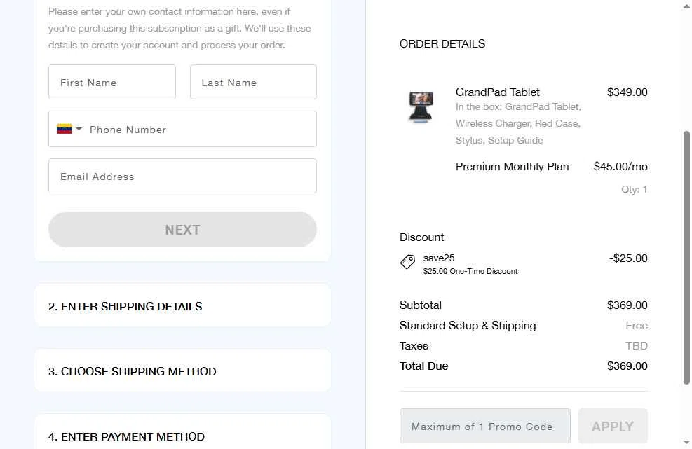 GrandPad checkout page showing GrandPad promo code box | Screenshot taken by SimplyCodes community member on Oct 29, 2025