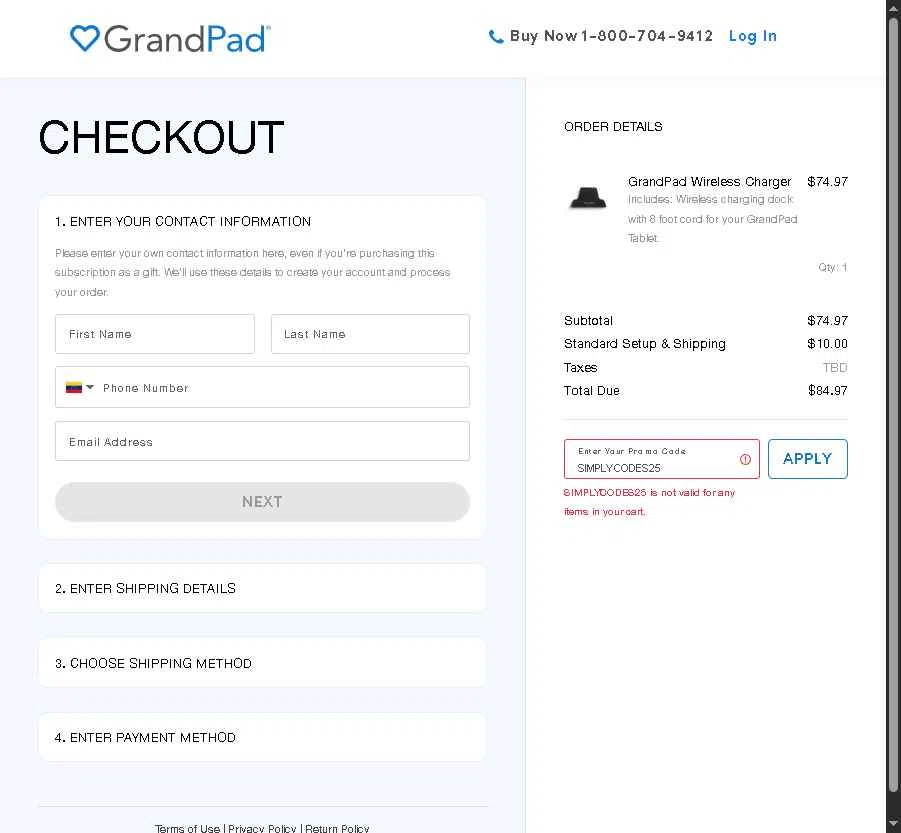GrandPad checkout page showing GrandPad promo code box | Screenshot taken by SimplyCodes community member on Nov 25, 2025