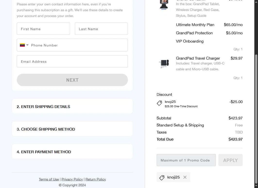 GrandPad checkout page showing GrandPad promo code box | Screenshot taken by SimplyCodes community member on Dec 17, 2025