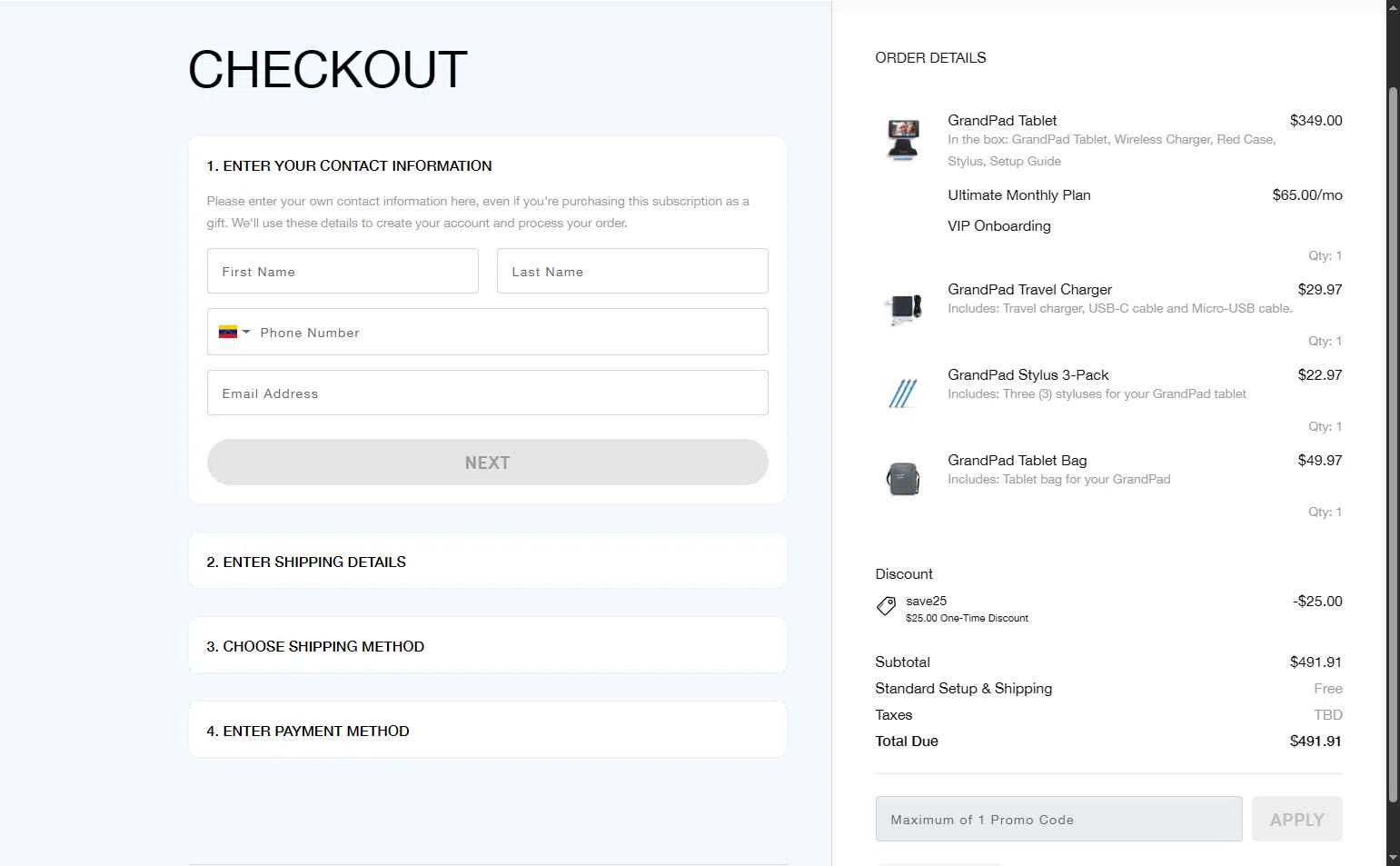 GrandPad checkout page showing GrandPad promo code box | Screenshot taken by SimplyCodes community member on Oct 29, 2025