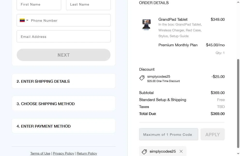 GrandPad checkout page showing GrandPad promo code box | Screenshot taken by SimplyCodes community member on Dec 24, 2025