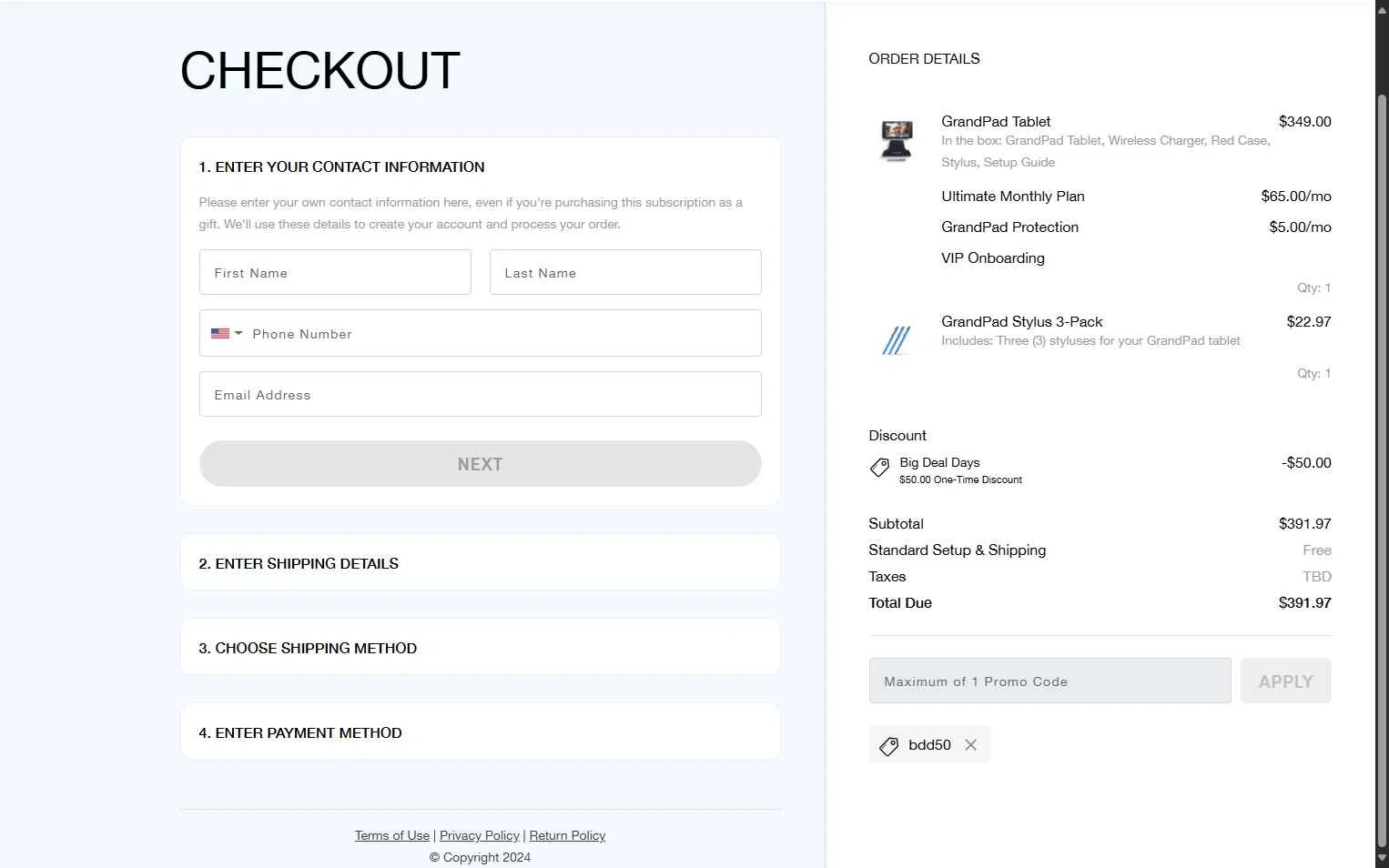 GrandPad checkout page showing GrandPad promo code box | Screenshot taken by SimplyCodes community member on Oct 7, 2025