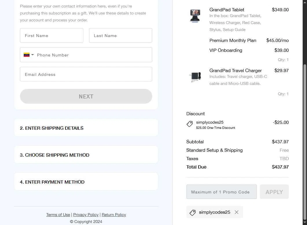 GrandPad checkout page showing GrandPad promo code box | Screenshot taken by SimplyCodes community member on Oct 27, 2025
