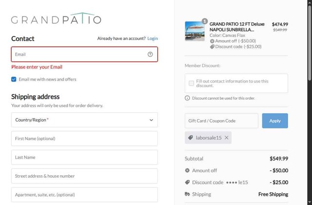 Grand Patio checkout page showing Grand Patio coupon code box | Screenshot taken by SimplyCodes community member on Sep 4, 2025