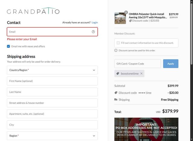 Grand Patio checkout page showing Grand Patio coupon code box | Screenshot taken by SimplyCodes community member on Sep 4, 2025