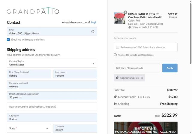 Grand Patio checkout page showing Grand Patio coupon code box | Screenshot taken by SimplyCodes community member on Sep 4, 2025