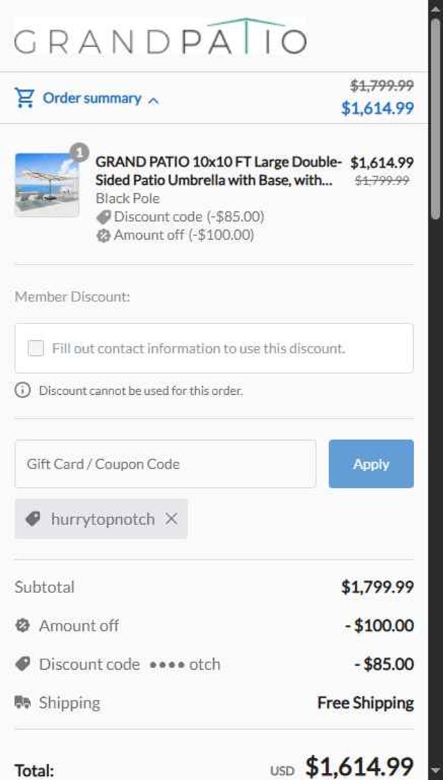 Grand Patio checkout page showing Grand Patio coupon code box | Screenshot taken by SimplyCodes community member on Sep 4, 2025